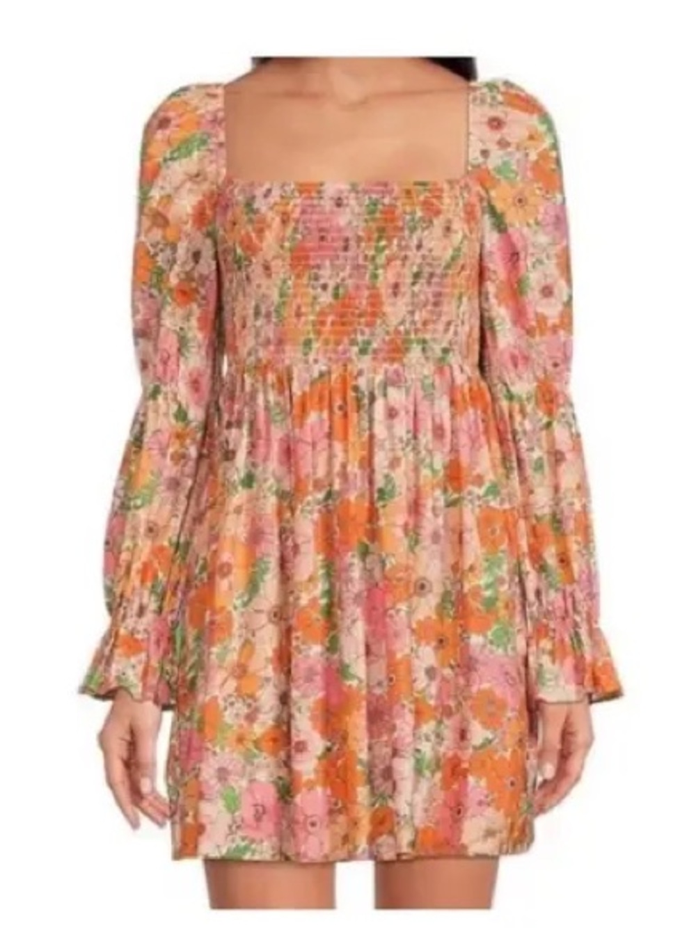 Retro Mod 70s Vibe Cotton Floral Smocked Mini Dress Size S Boho